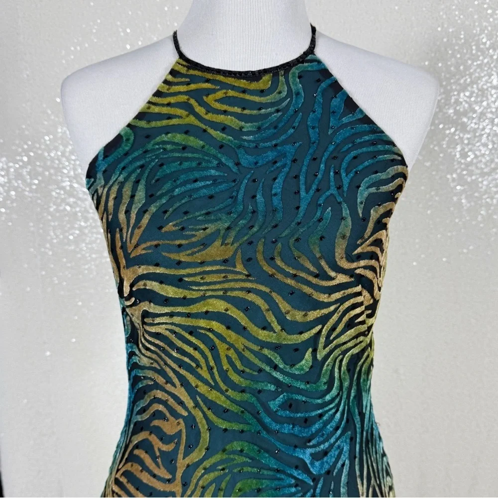 Icon by Kathryn Dianos Green Blue Burnout Velvet Abstract swirl Maxi Dress Party - Picture 13 of 17
